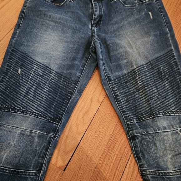 BLANK NYC Size 30 Distressed Blue Biker Jeans with Patchwork, Zip ankles - Picture 2 of 11